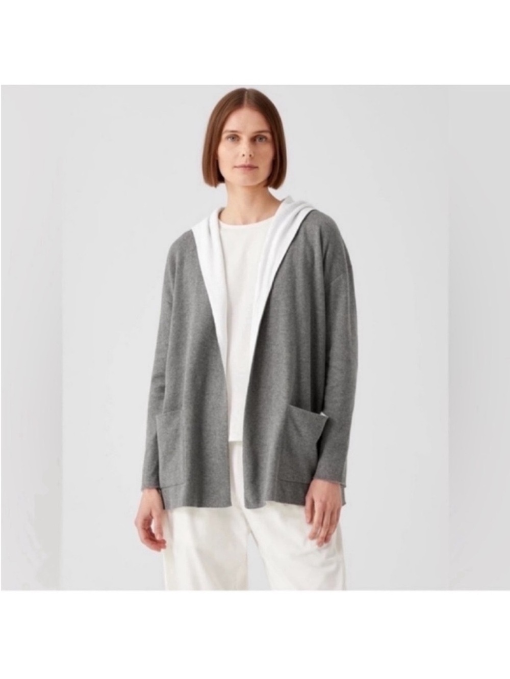 Eileen Fisher Peruvian Organic Cotton Blend Sweater Cardigan Sz M Gray White